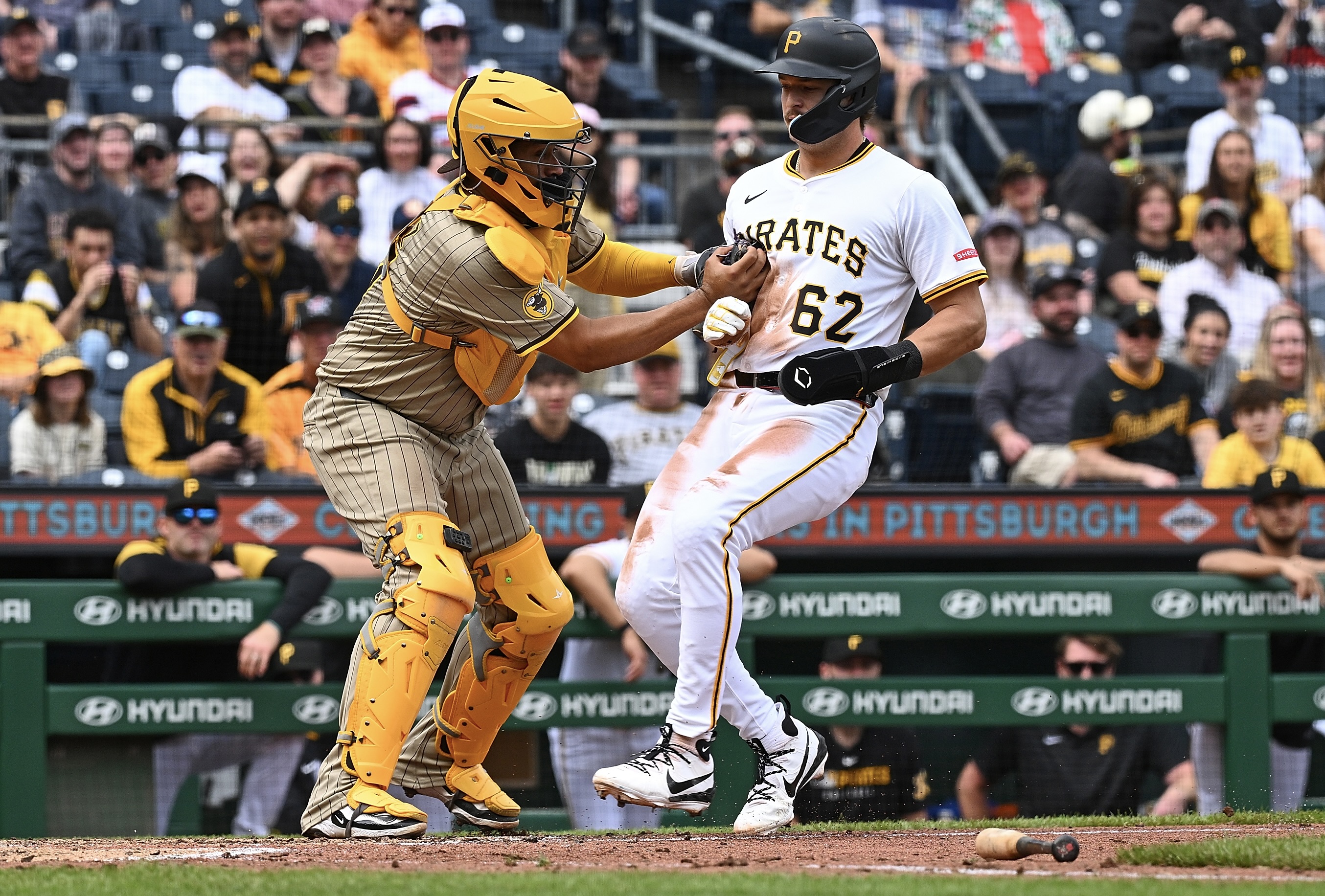 Matt Gorski's tagged out at the plate by the Padres' Elias Diaz in the seventh inning.