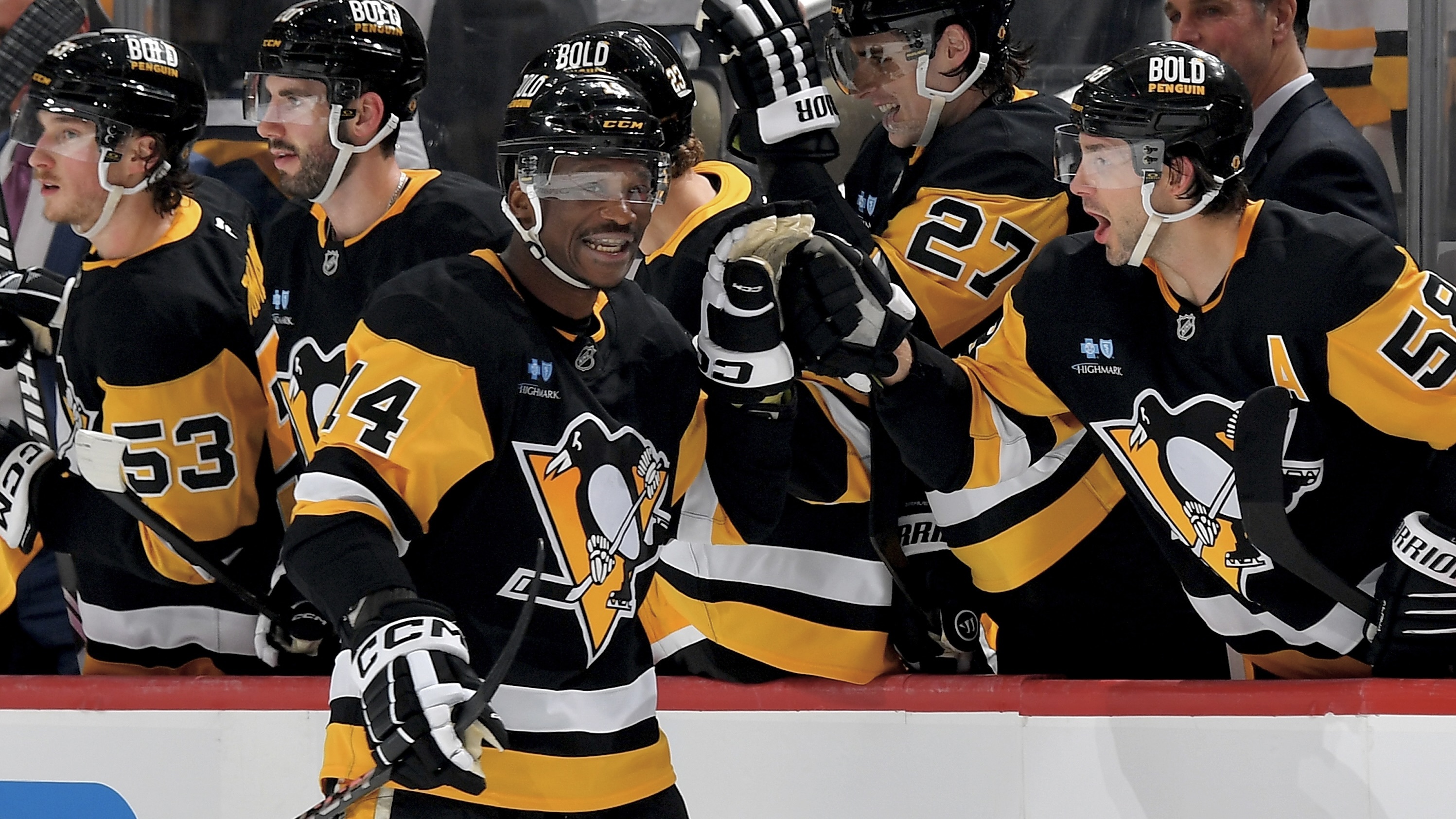 Boko Imama celebrates his first goal as a Penguin on Friday at PPG Paints Arena