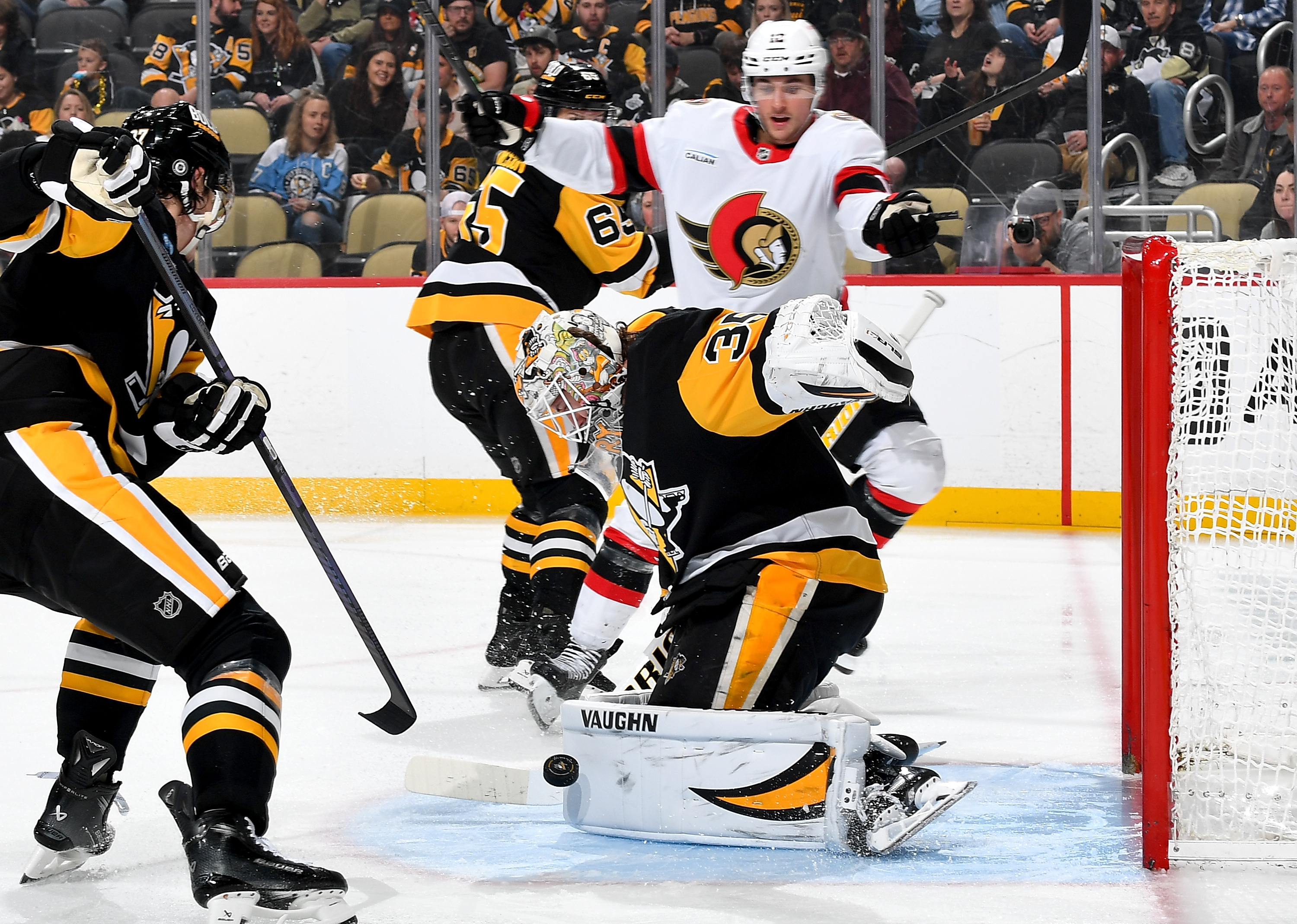 Tristan Jarry in net against the Senators on Sunday at PPG Paints Arena.
